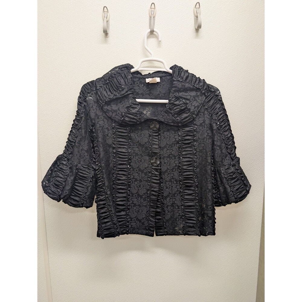 Vintage Ic Collection Med Lace Top Rose Art Wear Black Large Button USA Connie K